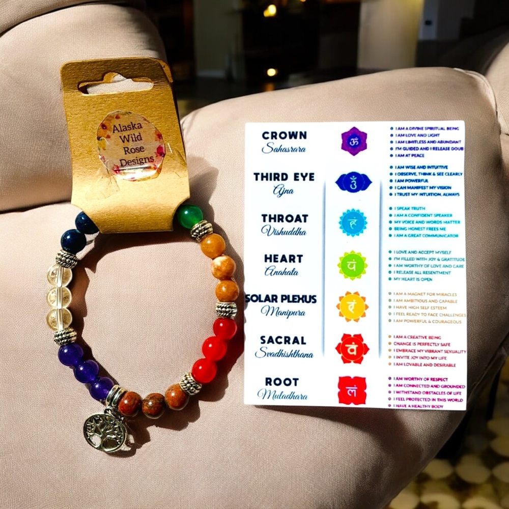 Chakra Tree of Life Natural Stone Beaded Bracelet & instruction definitioc card - Picture 2 of 5